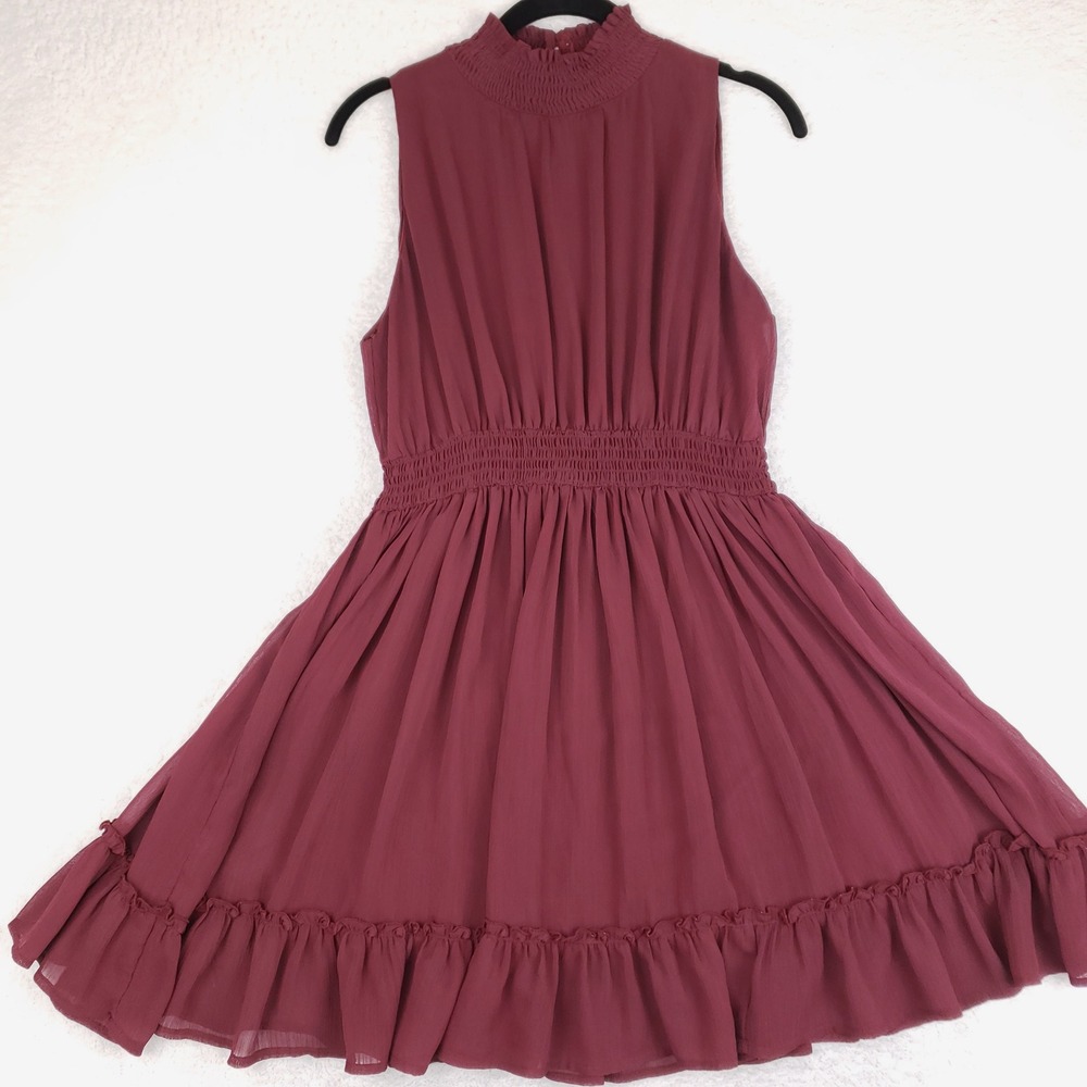 Altar'd State Burgundy Smocked Mock Neck Ruffle Hem Mini Dress M Ruffin Chiffon